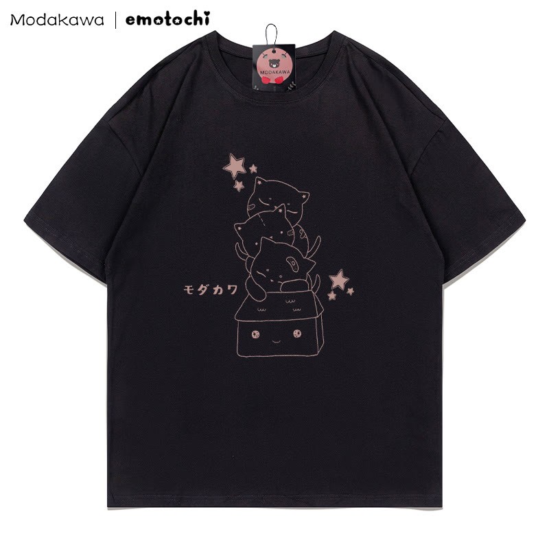 MODAKAWA X emotochi Stacked Kitty Print T-Shirt - Black - 5XL - image 3