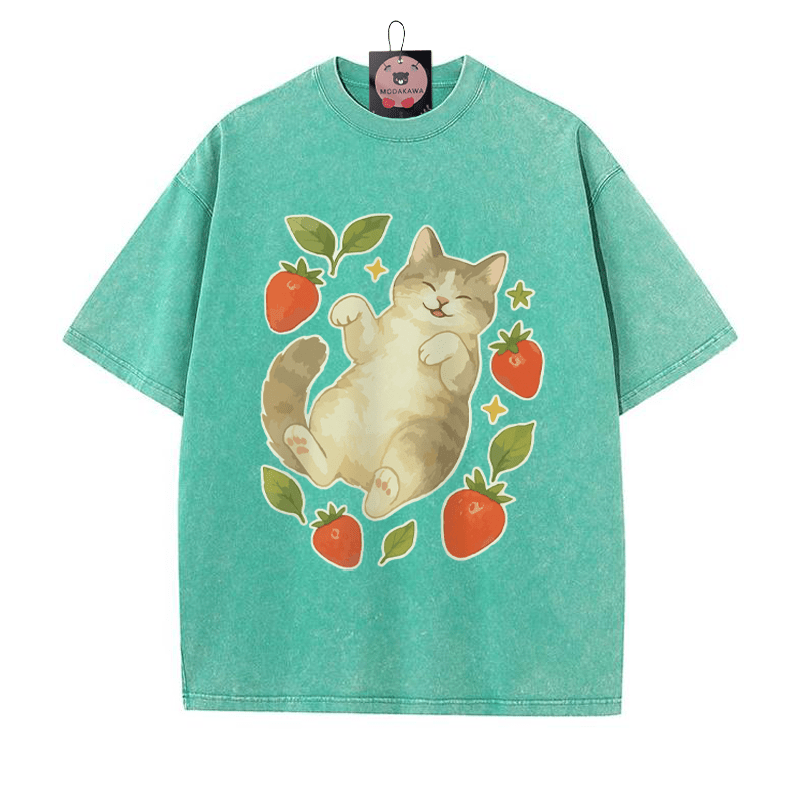 T-Shirt mit verwaschenem Vintage-Print „Kitty“ - Grün - 5XL - image 1