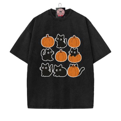 T-Shirt mit verwaschenem Vintage-Print und Kitty-Kürbis-Print - Schwarz - 5XL - image 2