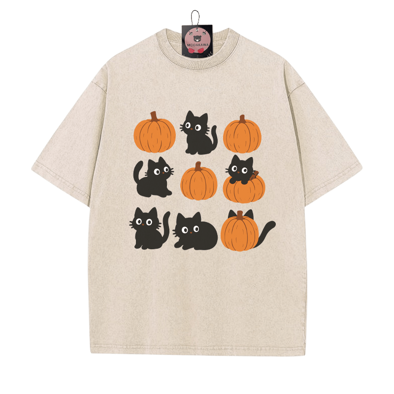 T-Shirt mit verwaschenem Vintage-Print und Kitty-Kürbis-Print - Aprikose - 5XL - image 1