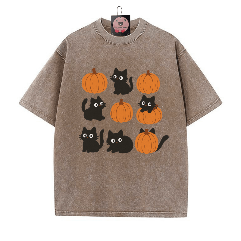 T-Shirt mit verwaschenem Vintage-Print und Kitty-Kürbis-Print - Braun - 5XL - image 4