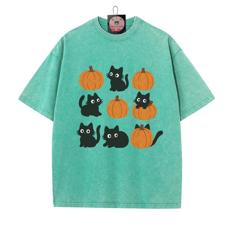 T-Shirt mit verwaschenem Vintage-Print und Kitty-Kürbis-Print - Grün - 5XL - image 3