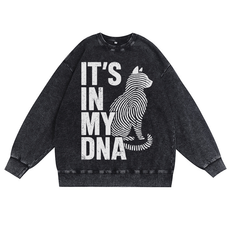 IT'S IN MY DNA Katzenliebhaber Unisex Vintage Washed Sweatshirt Fingerabdruck Grafik Crewneck Pullover - Schwarz - 3XL - image 2