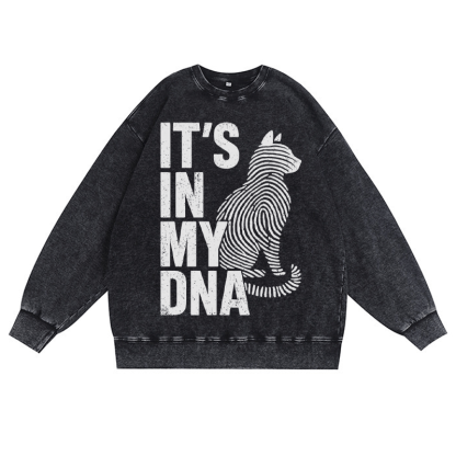 IT'S IN MY DNA Katzenliebhaber Unisex Vintage Washed Sweatshirt Fingerabdruck Grafik Crewneck Pullover - Schwarz - 3XL - image 2