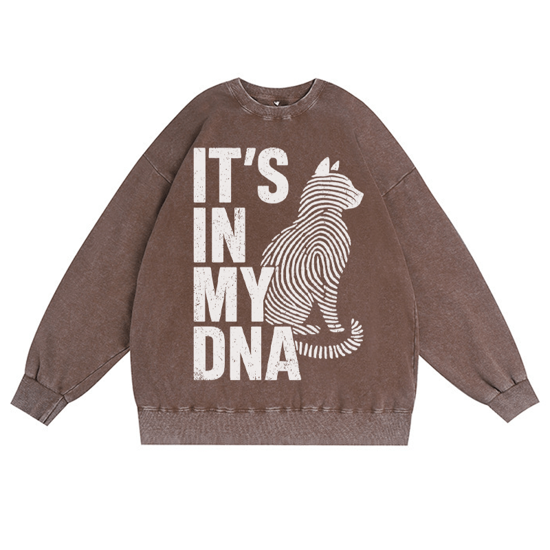 IT'S IN MY DNA Katzenliebhaber Unisex Vintage Washed Sweatshirt Fingerabdruck Grafik Crewneck Pullover - Braun - 3XL - image 1