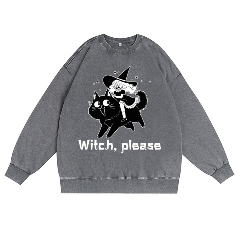 WITCH PLEASE Unisex Vintage Gewaschenes Sweatshirt Halloween Grafik Crewneck Pullover - Grau - 3XL - image 3