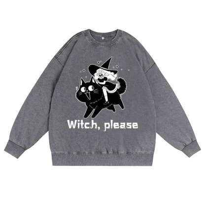 WITCH PLEASE Unisex Vintage Gewaschenes Sweatshirt Halloween Grafik Crewneck Pullover - Grau - 3XL - image 3