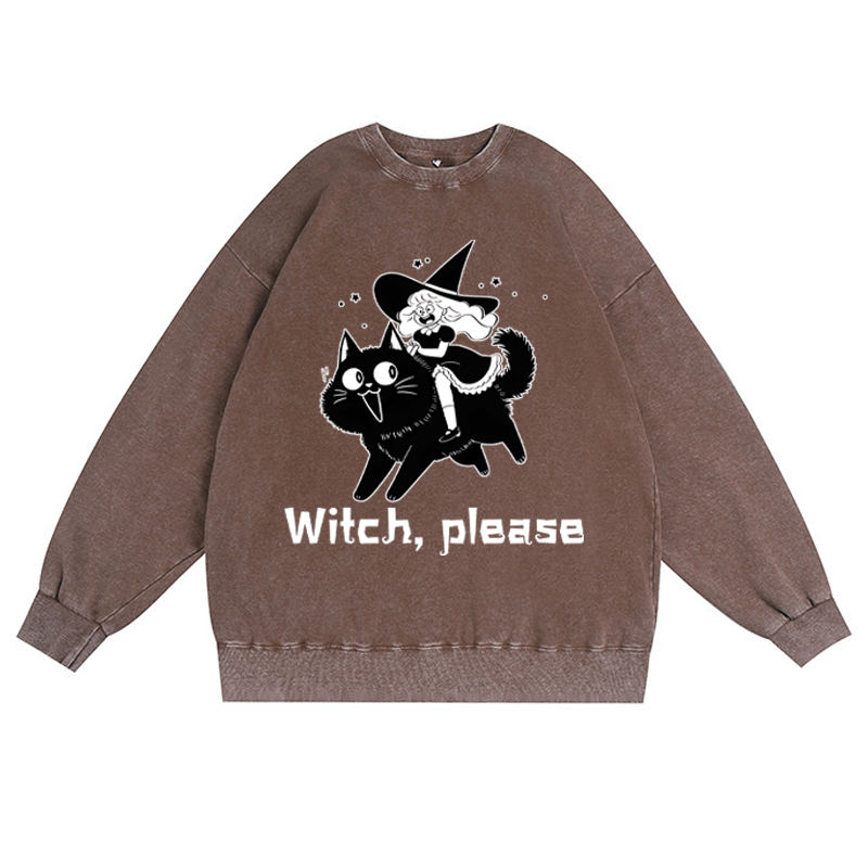 WITCH PLEASE Unisex Vintage Gewaschenes Sweatshirt Halloween Grafik Crewneck Pullover - Braun - 3XL - image 1