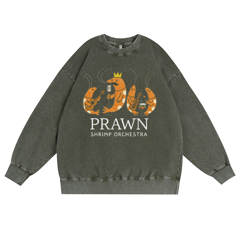 PRAWN SHRIMP ORCHESTRA Unisex Vintage gewaschen Sweatshirt Band Grafik Crewneck Pullover - Dunkelgrün - 3XL - image 1
