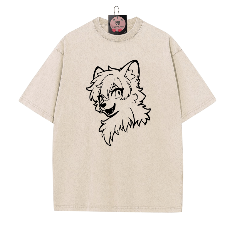 T-Shirt mit Vintage-Waschung und Fuchs-Print - Aprikose - 5XL - image 1