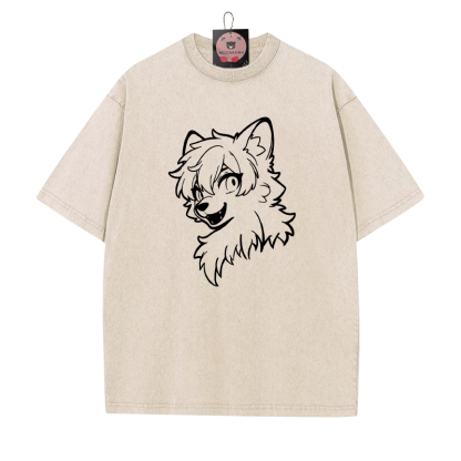 T-Shirt mit Vintage-Waschung und Fuchs-Print - Aprikose - 5XL - image 1