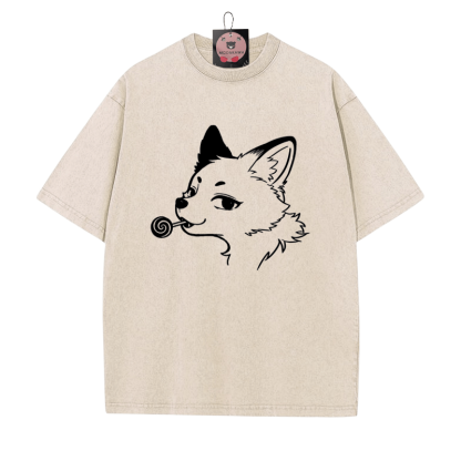 T-Shirt mit Vintage-Waschung und Fuchs-Print - Aprikose - 5XL - image 1