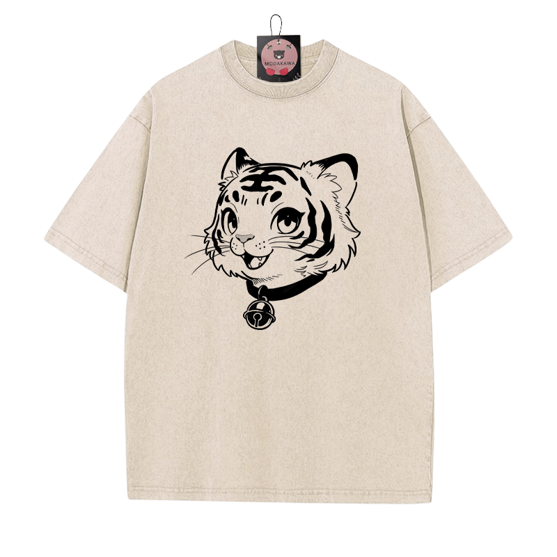 T-Shirt mit Tiger-Print und Vintage-Waschung - Aprikose - 5XL - image 3