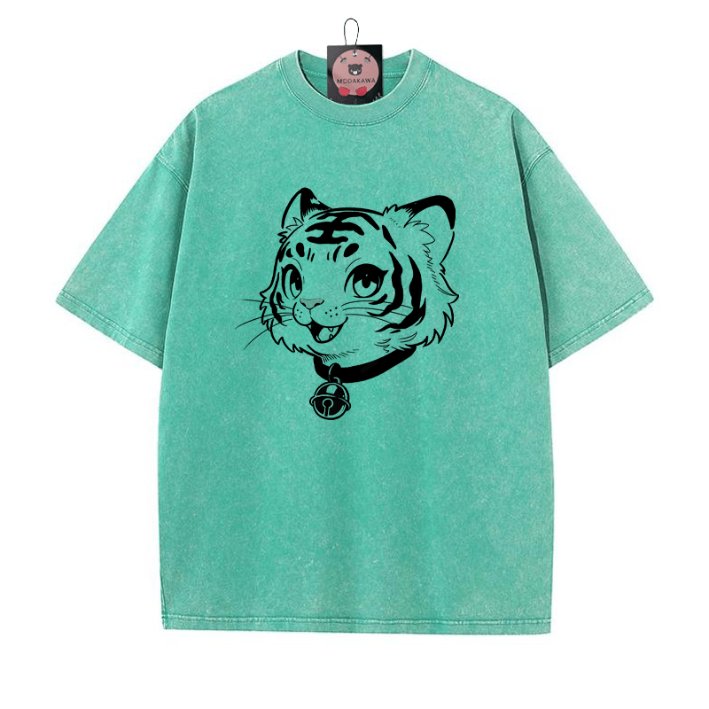 T-Shirt mit Tiger-Print und Vintage-Waschung - Grün - 5XL - image 1