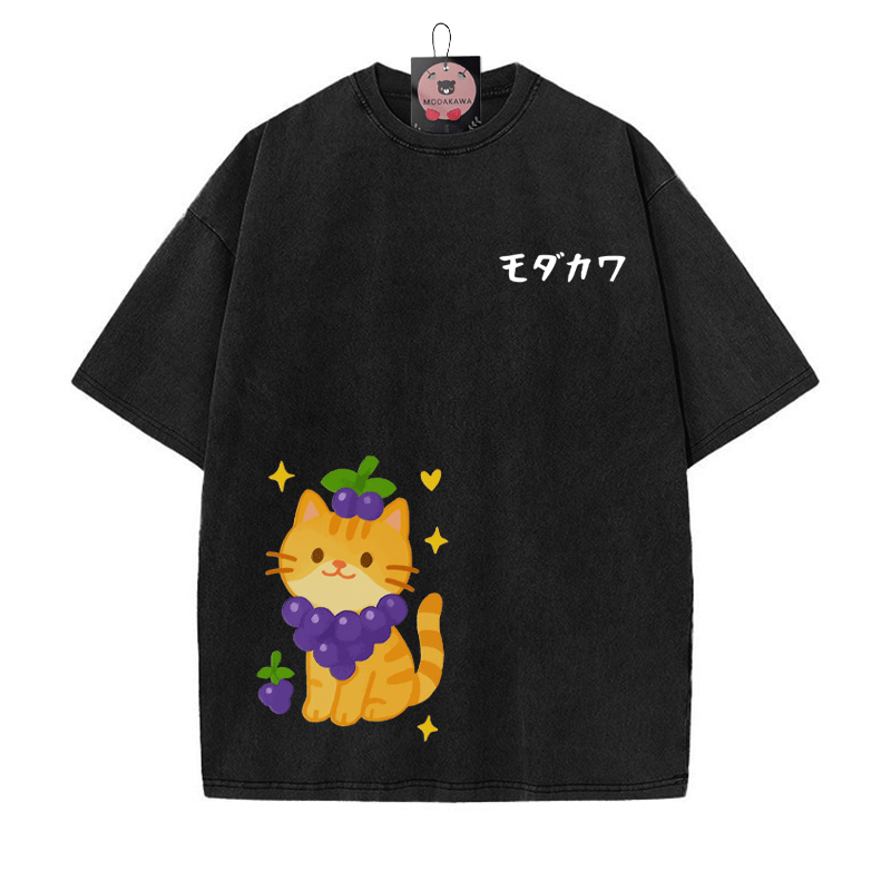 MODAKAWA Vintage Washed T-Shirt mit Trauben-Kätzchen-Print - Schwarz - 5XL - image 4