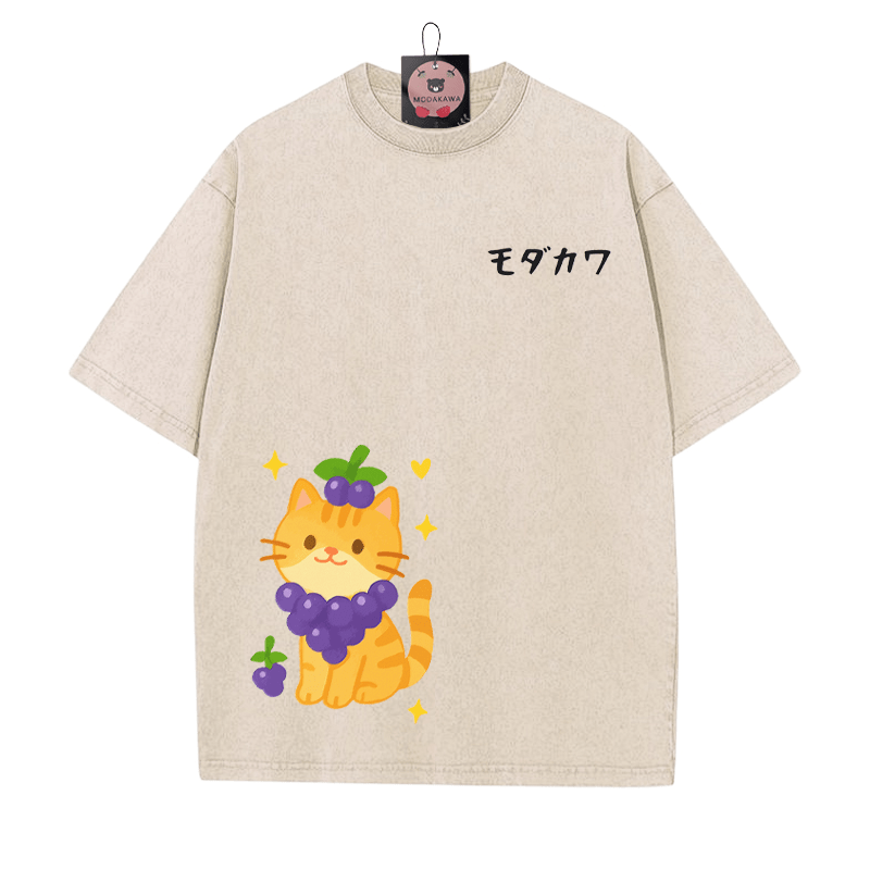 MODAKAWA Vintage Washed T-Shirt mit Trauben-Kätzchen-Print - Aprikose - 5XL - image 3