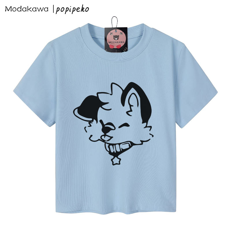 MODAKAWA X popipeko Damen-T-Shirt mit Welpen-Grafik, 92 % gekämmte Baumwolle, bauchfreies Top - Blau - XL - image 2