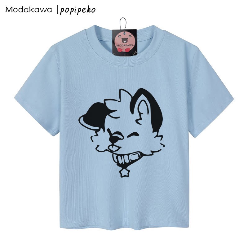 MODAKAWA X popipeko Damen-T-Shirt mit Welpen-Grafik, 92 % gekämmte Baumwolle, bauchfreies Top - Blau - XL - image 2