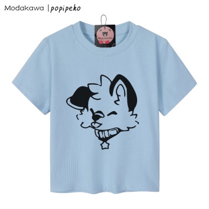 MODAKAWA X popipeko Damen-T-Shirt mit Welpen-Grafik, 92 % gekämmte Baumwolle, bauchfreies Top - Blau - XL - image 2