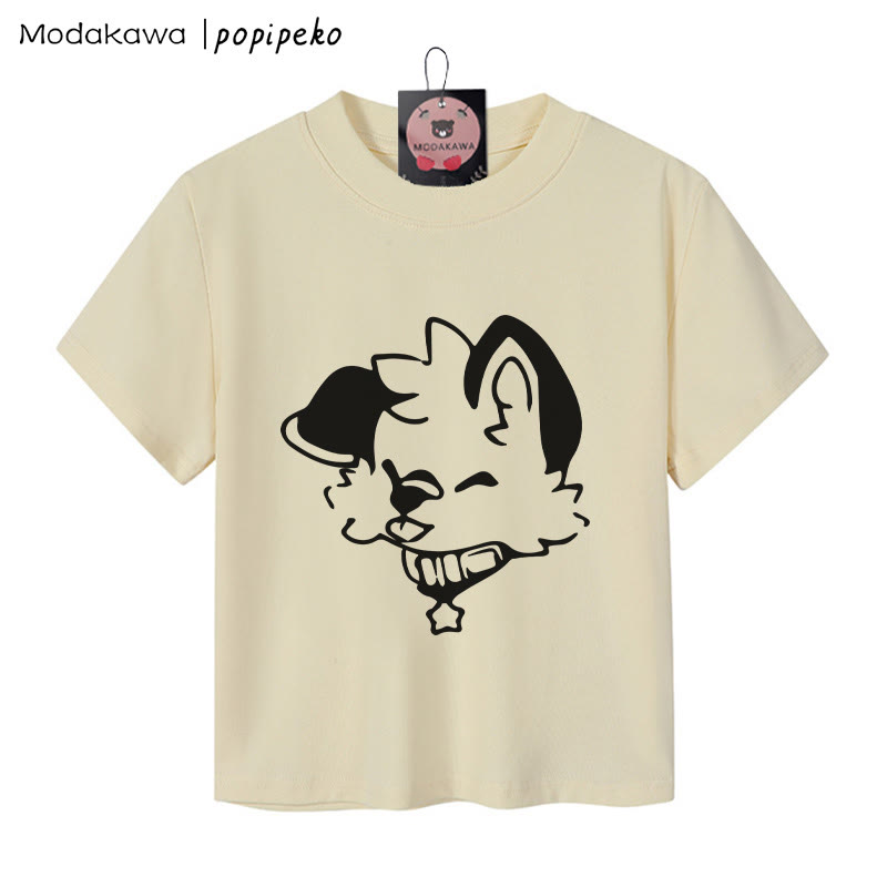 MODAKAWA X popipeko Damen-T-Shirt mit Welpen-Grafik, 92 % gekämmte Baumwolle, bauchfreies Top - Aprikose - XL - image 1