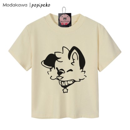 MODAKAWA X popipeko Damen-T-Shirt mit Welpen-Grafik, 92 % gekämmte Baumwolle, bauchfreies Top - Aprikose - XL - image 1