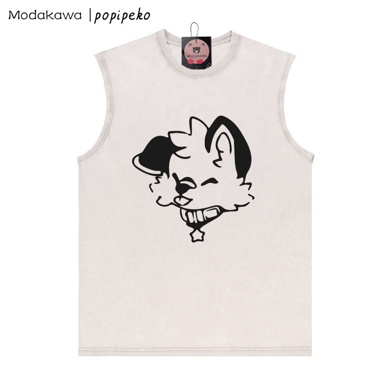 MODAKAWA X popipeko Unisex-T-Shirt mit Welpengrafik, Vintage-Waschung, ärmellos - Aprikose - 2XL - image 2