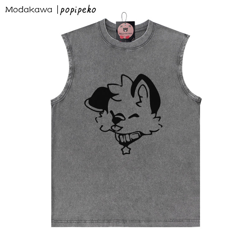 MODAKAWA X popipeko Unisex-T-Shirt mit Welpengrafik, Vintage-Waschung, ärmellos - Grau - 2XL - image 1
