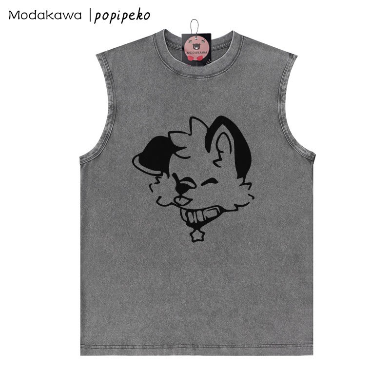 MODAKAWA X popipeko Unisex-T-Shirt mit Welpengrafik, Vintage-Waschung, ärmellos - Grau - 2XL - image 1