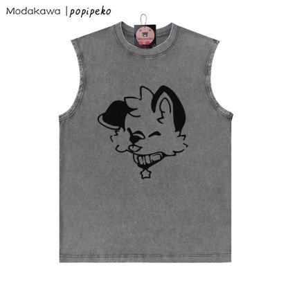 MODAKAWA X popipeko Unisex-T-Shirt mit Welpengrafik, Vintage-Waschung, ärmellos - Grau - 2XL - image 1