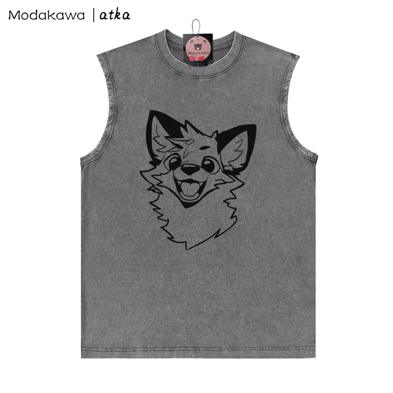 MODAKAWA X atka Fox Graphic Unisex Vintage Washed Ärmelloses T-Shirt - Grau - 2XL - image 2