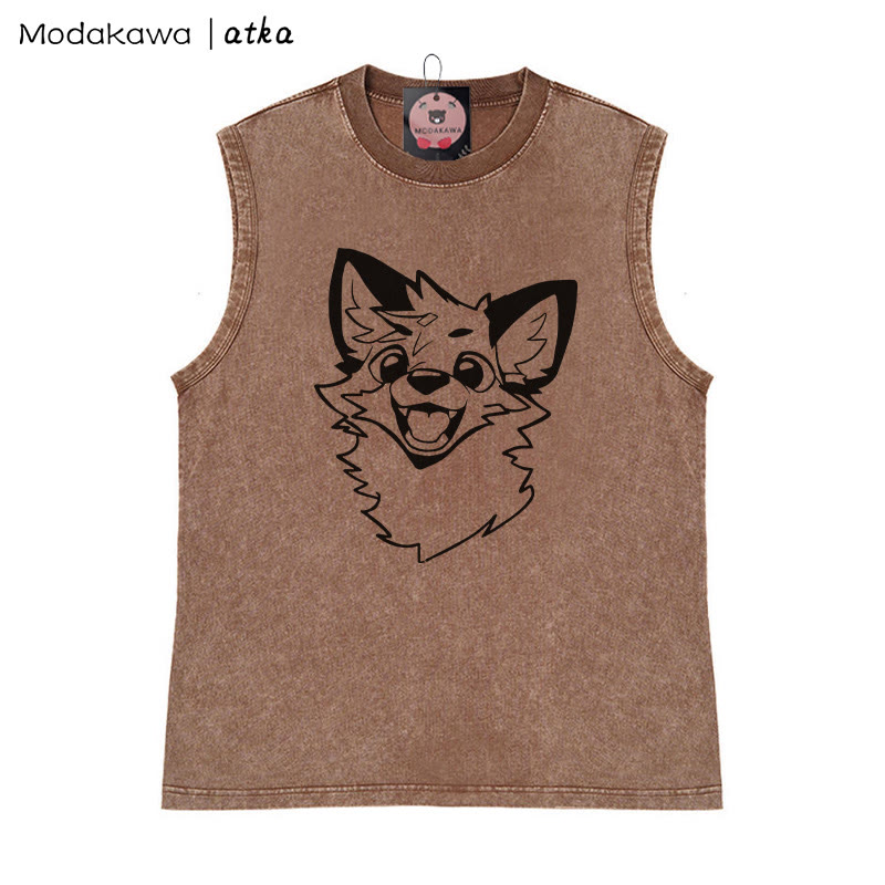 MODAKAWA X atka Fox Graphic Unisex Vintage Washed Ärmelloses T-Shirt - Braun - 2XL - image 1