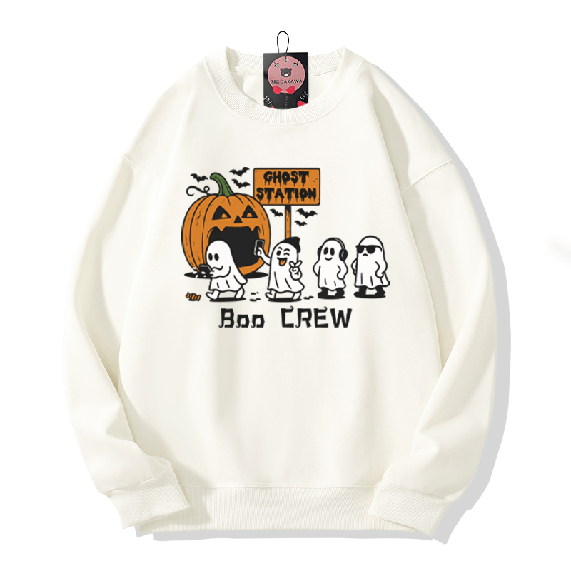 BOO CREW Sweatshirt mit Kürbis- und Geistergrafik und Rundhalsausschnitt - Beige - 5XL - image 2