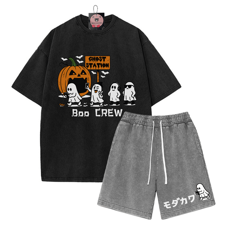 BOO CREW Ghost Station Halloween Grafik T-Shirt Vintage Washed Shorts Zweiteiliges Set - Black&Grey - 3XL - image 7