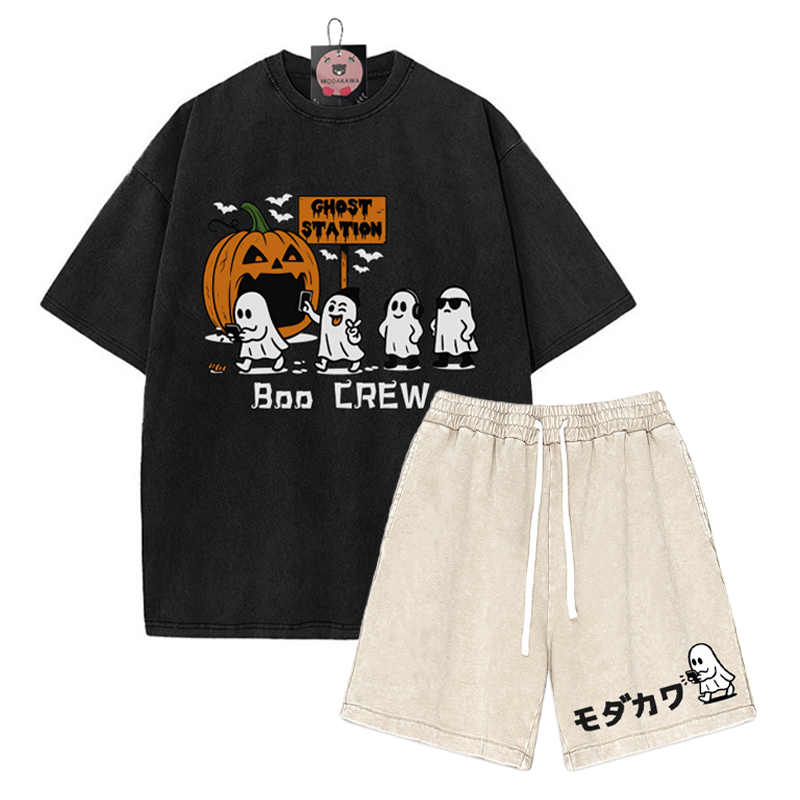 BOO CREW Ghost Station Halloween Grafik T-Shirt Vintage Washed Shorts Zweiteiliges Set - Black&Apricot - 3XL - image 6