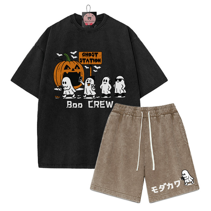 BOO CREW Ghost Station Halloween Grafik T-Shirt Vintage Washed Shorts Zweiteiliges Set - Black&Brown - 3XL - image 5