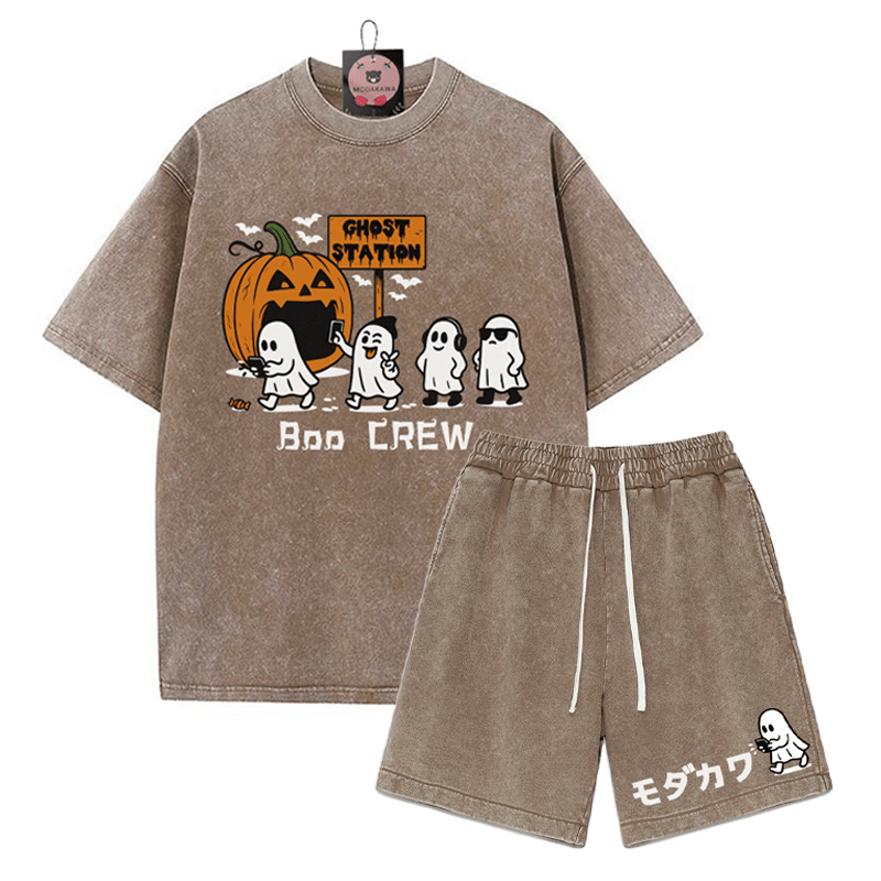 BOO CREW Ghost Station Halloween Grafik T-Shirt Vintage Washed Shorts Zweiteiliges Set - Brown - 3XL - image 11