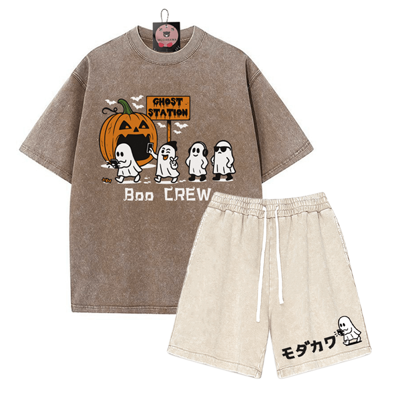 BOO CREW Ghost Station Halloween Grafik T-Shirt Vintage Washed Shorts Zweiteiliges Set - Brown&Apricot - 3XL - image 10