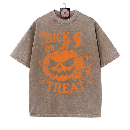 TRICK OR TREAT Kürbis Grafik Unisex Vintage Washed T-Shirt - Braun - 5XL - image 3