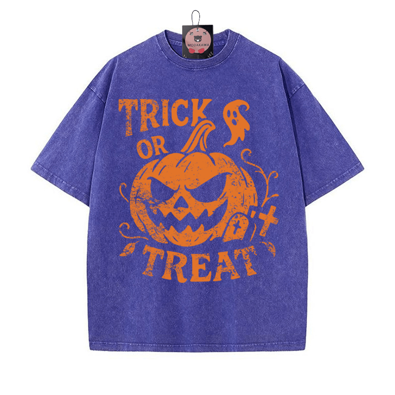 TRICK OR TREAT Kürbis Grafik Unisex Vintage Washed T-Shirt - Blau - 5XL - image 2