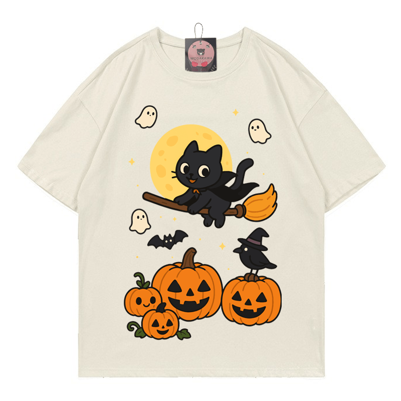 Purranormal Fliegende Katze Hexe Halloween Grafik T-Shirt - Beige - 5XL - image 6