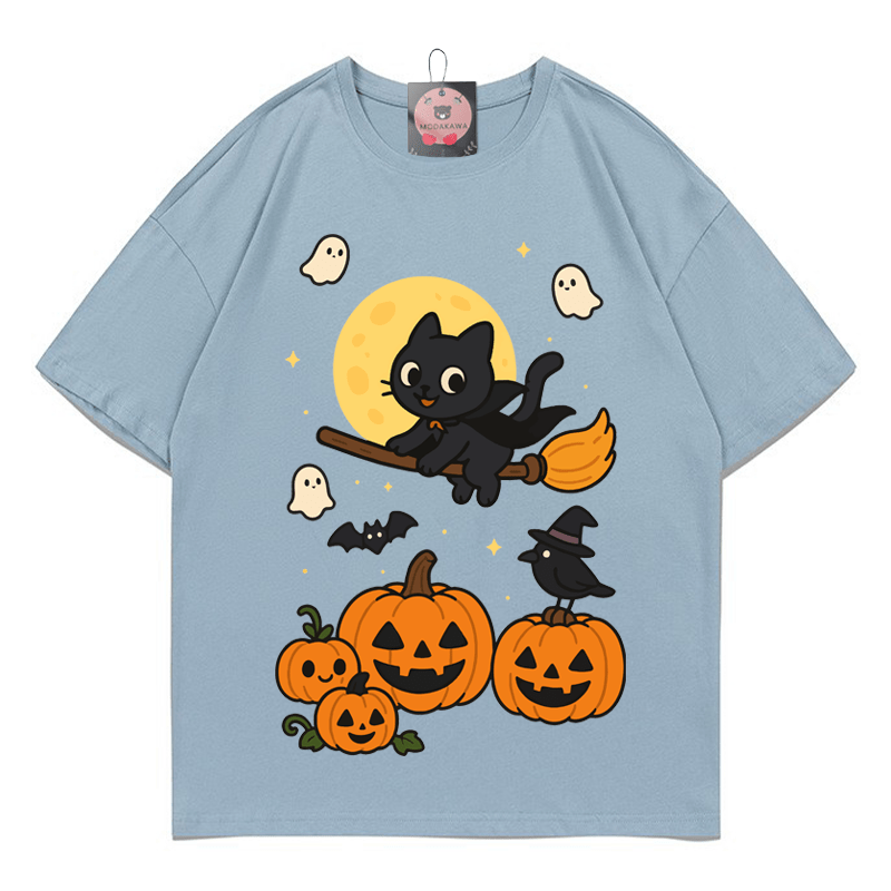 Purranormal Fliegende Katze Hexe Halloween Grafik T-Shirt - Dusty Blue - 5XL - image 1