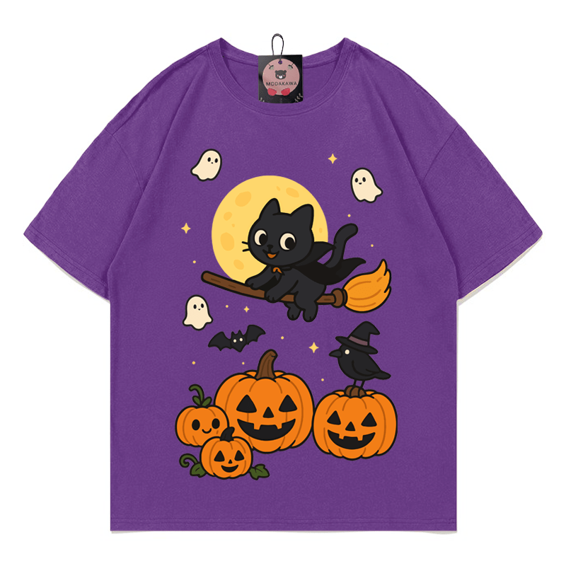 Purranormal Fliegende Katze Hexe Halloween Grafik T-Shirt - Purple - 5XL - image 9