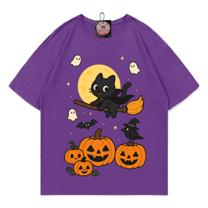 Purranormal Fliegende Katze Hexe Halloween Grafik T-Shirt - Purple - 5XL - image 9