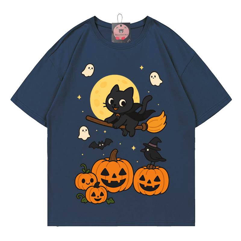 Purranormal Fliegende Katze Hexe Halloween Grafik T-Shirt - Purplish Blue - 5XL - image 4