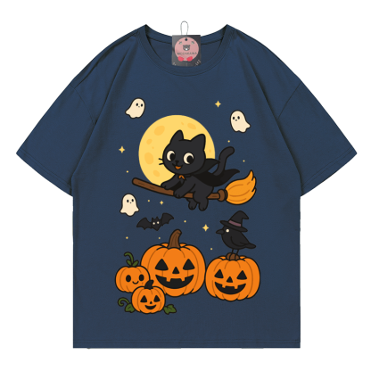 Purranormal Fliegende Katze Hexe Halloween Grafik T-Shirt - Purplish Blue - 5XL - image 4