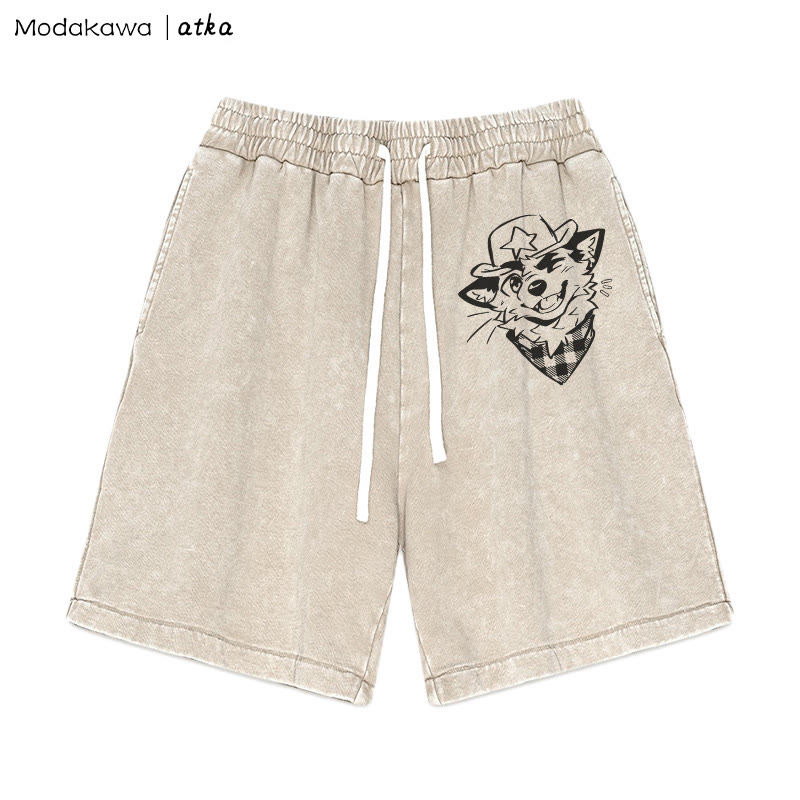 MODAKAWA X atka Cowboy Fox Winking Graphic Vintage Washed Shorts - Aprikose - 3XL - image 1
