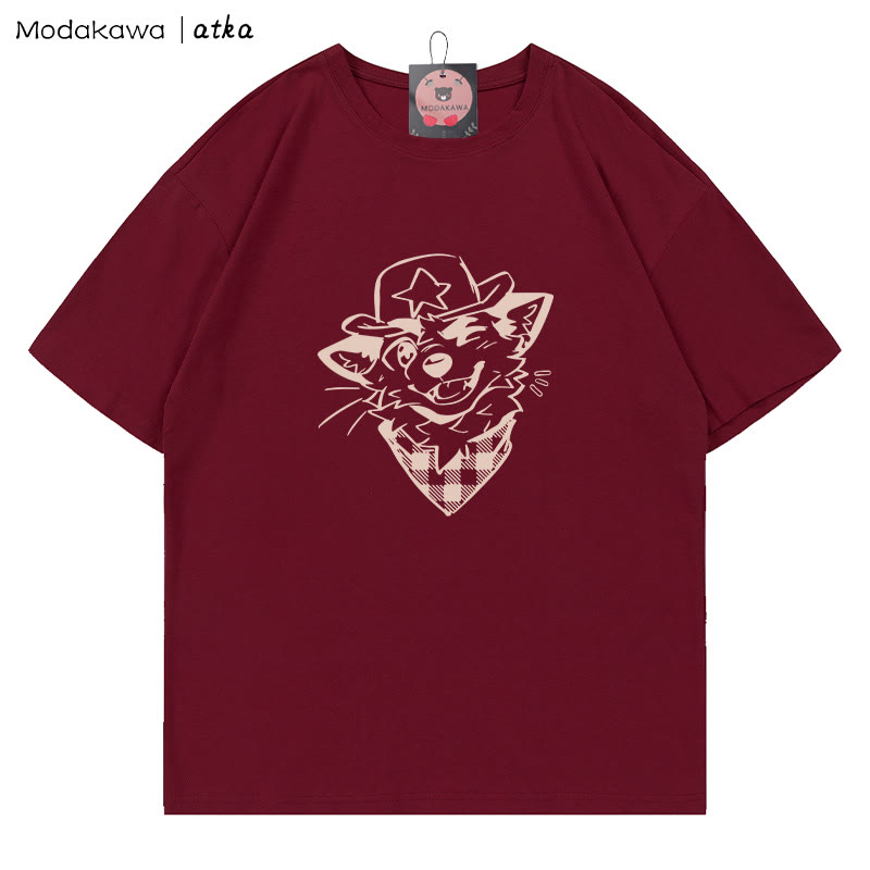 MODAKAWA X atka Cowboy Fox Winking Graphic T-Shirt - Wine Red - 5XL - image 4