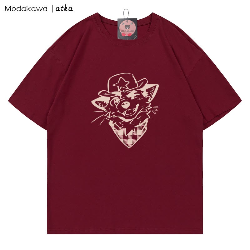 MODAKAWA X atka Cowboy Fox Winking Graphic T-Shirt - Wine Red - 5XL - image 4