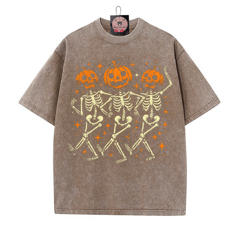 Kürbis-Tanzparty-Skelett-Halloween-Grafik Unisex Vintage Washed T-Shirt - Braun - 5XL - image 2