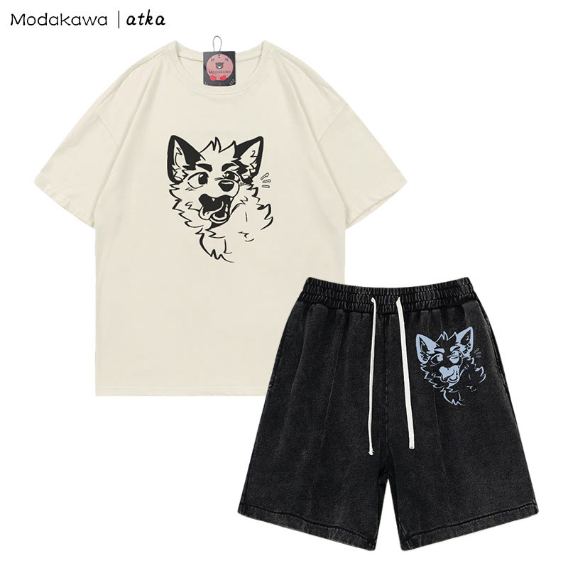 MODAKAWA X atka Verspieltes T-Shirt mit Fuchsgesicht-Grafik und verwaschenen Vintage-Shorts, zweiteiliges Set - Beige&Black - 3XL - image 2